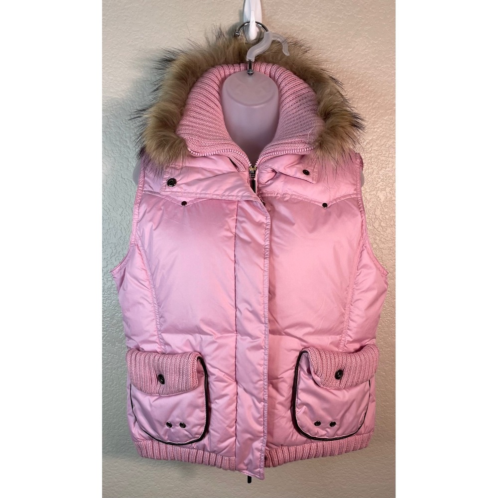 Alberto Makali M Puffer Vest Pink Faux Fur Trim Down Filled Ribbed Knit NEW